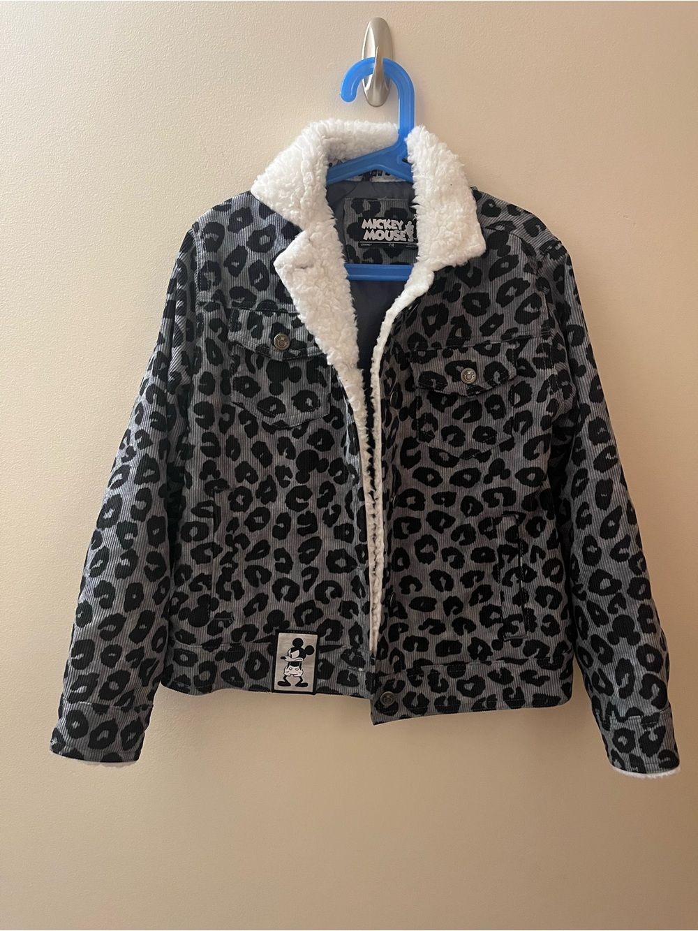 Disney Mickey Mouse Gray and Black Leopard Print Sherpa Jacket